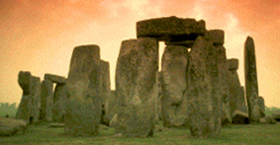 Image of Stonehenge with red sky background